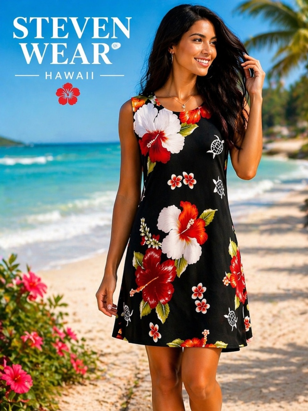 Steven Wear Hawaii Tropical Turtle Dress Stretch Resort Vacation Coastal  Size S
